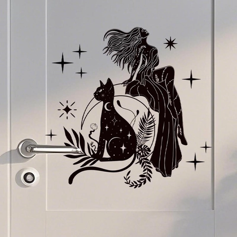 Cat And Girl Silhouette Wall Sticker PVC Waterproof Art Decal For Living Room Bedroom Kitchen Home Decor Sticker