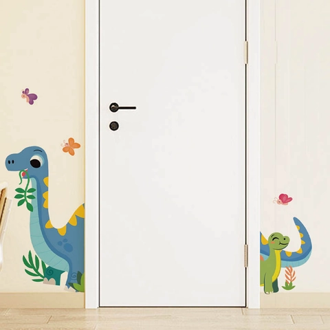 Adesivo da Parete Dinosauro Cartone Animato Farfalla Piante Colorate Decalcomania in PVC Removibile per Cameretta dei Bambini Soggiorno