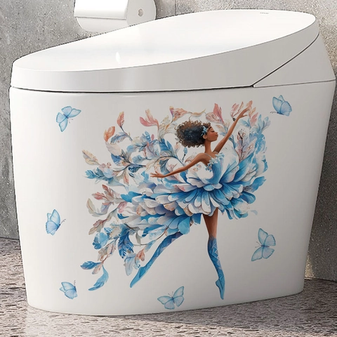 Creative Blue Ballet Dancer Wall Sticker Waterproof PVC Toilet Decal Artistic Butterfly Floral Girl Home Decor Mural