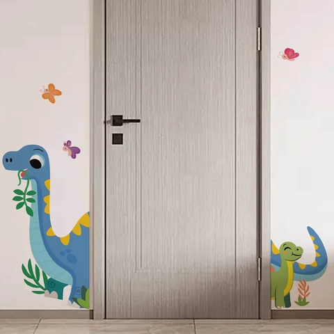 Adesivo da Parete Dinosauro Cartone Animato Farfalla Piante Colorate Decalcomania in PVC Removibile per Cameretta dei Bambini Soggiorno