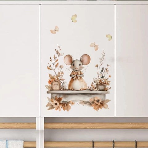 Cute Watercolor Mouse Wall Sticker PVC Self Adhesive Cartoon Animal Floral Decal For Kitchen Dining Cabinet Home Decor