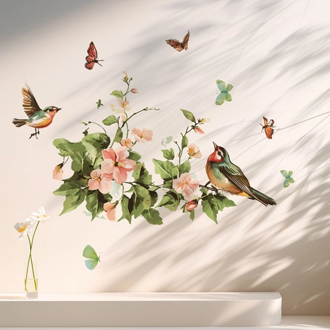 Natural Green Flower Bird Wall Stickers PVC Self Adhesive Waterproof Butterfly Floral Wall Decals For Living Room Kitchen Home Decor