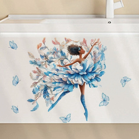 Creative Blue Ballet Dancer Wall Sticker Waterproof PVC Toilet Decal Artistic Butterfly Floral Girl Home Decor Mural