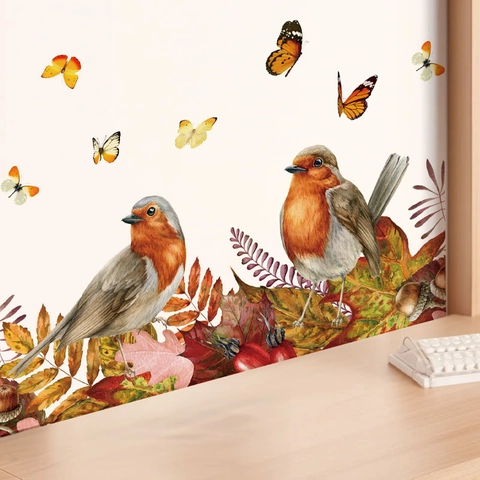 Sticker Mural Aquarelle Oiseaux Et Papillons Feuilles d'Automne Autocollant PVC Décalcomanie Pour Cuisine Maison Décor