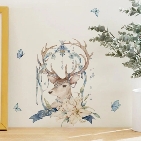 Sticker Mural Tête de Cerf Aquarelle Imperméable PVC Papillon Bleu Lis Fleur pour Toilettes Cuisine Maison