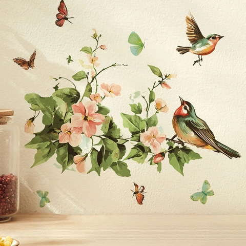 Natural Green Flower Bird Wall Stickers PVC Self Adhesive Waterproof Butterfly Floral Wall Decals For Living Room Kitchen Home Decor