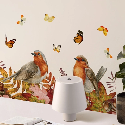 Sticker Mural Aquarelle Oiseaux Et Papillons Feuilles d'Automne Autocollant PVC Décalcomanie Pour Cuisine Maison Décor