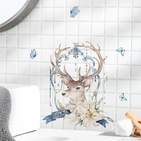 Sticker Mural Tête de Cerf Aquarelle Imperméable PVC Papillon Bleu Lis Fleur pour Toilettes Cuisine Maison