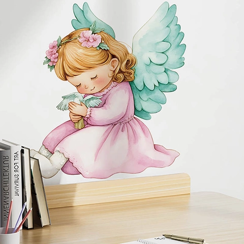 Watercolor Angel Girl Wall Sticker PVC Waterproof Self-Adhesive Pink Dress Green Wings Flower Crown For Nursery Home Decor