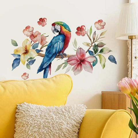 Pegatina de Pared de Loro Colorido en Acuarela Floral Autoadhesiva PVC Arte Calcomanía para Sala de Estar Dormitorio Casa