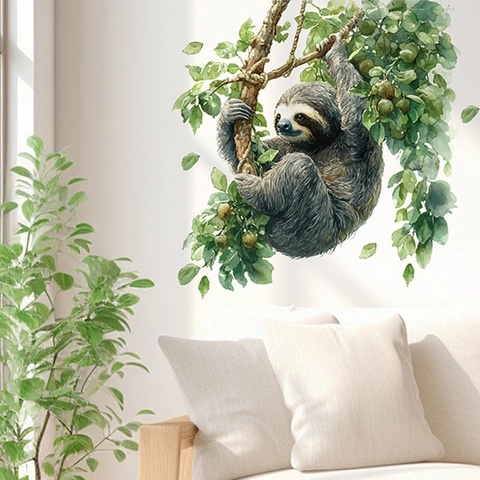 Watercolor Sloth Wall Sticker Removable PVC Decal With Tree Branch Leaves For Living Room Kids Bedroom Home Decor