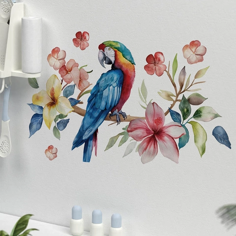 Pegatina de Pared de Loro Colorido en Acuarela Floral Autoadhesiva PVC Arte Calcomanía para Sala de Estar Dormitorio Casa