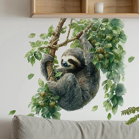 Watercolor Sloth Wall Sticker Removable PVC Decal With Tree Branch Leaves For Living Room Kids Bedroom Home Decor