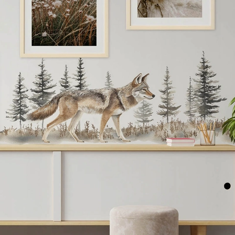 Watercolor Forest Wolf Wall Sticker PVC Waterproof Pine Tree Animal Self-Adhesive Wall Decal For Living Room Home Decor