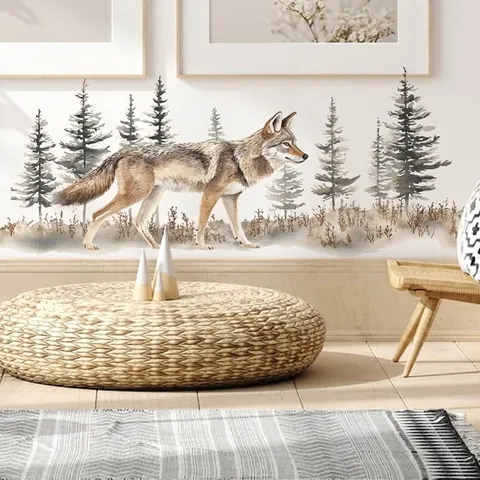 Watercolor Forest Wolf Wall Sticker PVC Waterproof Pine Tree Animal Self-Adhesive Wall Decal For Living Room Home Decor