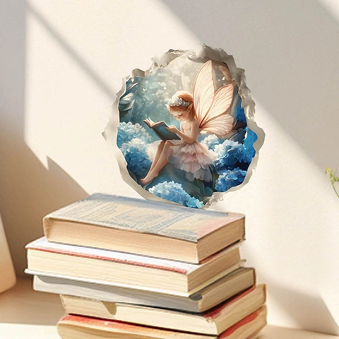 Pegatina de Pared 3D Hada Leyendo un Libro en Flores Azules PVC Impermeable Autoadhesiva Decoración de Hogar Para Dormitorio