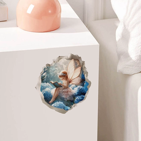 Pegatina de Pared 3D Hada Leyendo un Libro en Flores Azules PVC Impermeable Autoadhesiva Decoración de Hogar Para Dormitorio