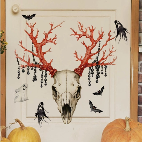 Adesivo Murale Teschio Animale di Halloween Con Corna di Corallo Rosso Pipistrelli Goti Fantasmi Adesivo in PVC Casa