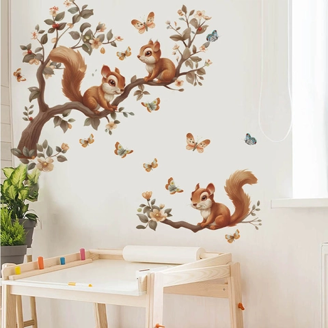 Cartoon Squirrel Tree Branch Wall Sticker PVC Self Adhesive Forest Animal Butterfly Decal For Kids Room Bedroom Home Decoration