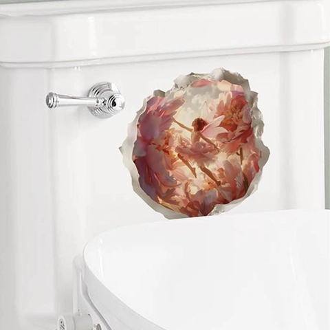 3D Αυτοκόλλητο Τοίχου Εφέ Σπασμένου Τοίχου Νεράιδα Σε Ροζ Λουλούδια Αδιάβροχο Αυτοκόλλητο PVC Για Παιδικό Δωμάτιο Διακόσμηση Σπιτιού