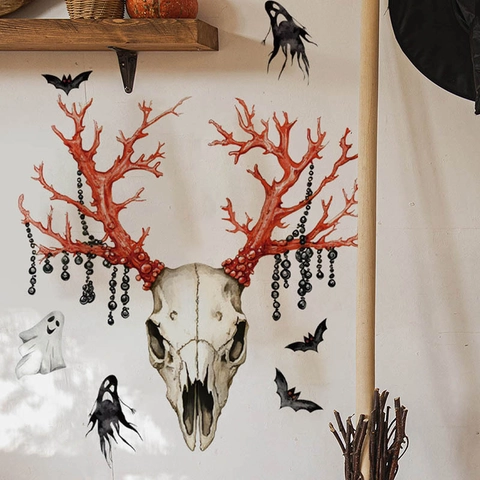 Adesivo Murale Teschio Animale di Halloween Con Corna di Corallo Rosso Pipistrelli Goti Fantasmi Adesivo in PVC Casa