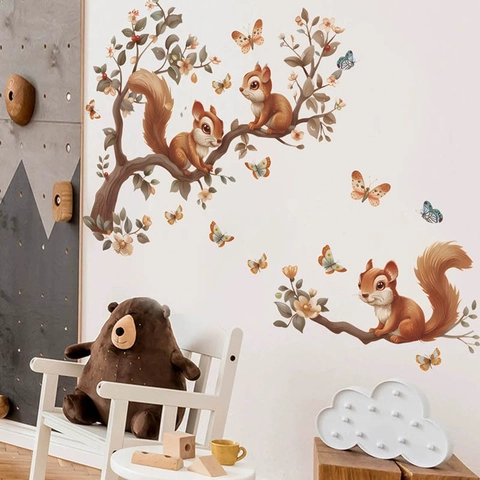 Cartoon Squirrel Tree Branch Wall Sticker PVC Self Adhesive Forest Animal Butterfly Decal For Kids Room Bedroom Home Decoration