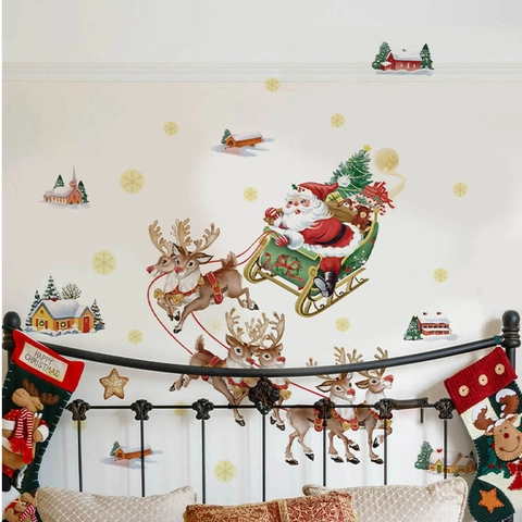 Christmas Santa Reindeer Sleigh Wall Stickers Removable PVC Self-Adhesive Decals For Holiday Home Decor Bedroom Living Room