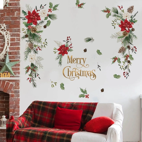 Christmas Poinsettia Pine Cone Wall Sticker PVC Self Adhesive Merry Christmas Letter Home Decor Festive Mural Decal