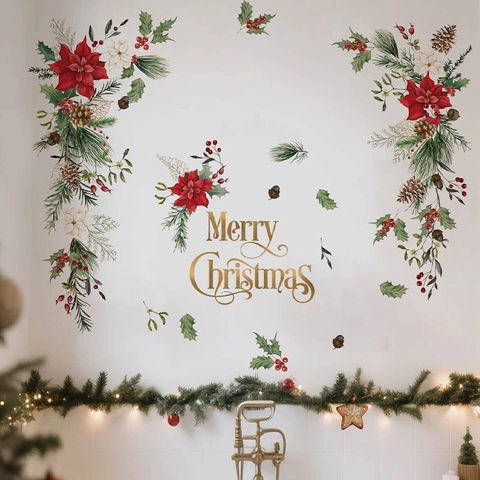 Christmas Poinsettia Pine Cone Wall Sticker PVC Self Adhesive Merry Christmas Letter Home Decor Festive Mural Decal
