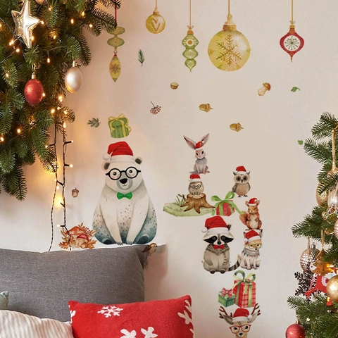 Kerst Muurstickers Schattige Dieren Beer Rendier Wasbeer Aquarell Stickers Waterdicht PVC DIY Feestdagen Huis Decoratie