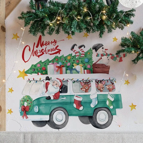 Weihnachten Weihnachtsmann Bus Wandaufkleber PVC Abnehmbare Merry Christmas Wandtattoos Für Home Wohnzimmer Schlafzimmer Deko