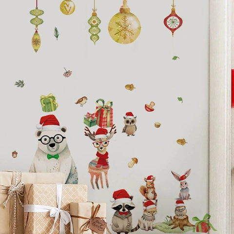 Kerst Muurstickers Schattige Dieren Beer Rendier Wasbeer Aquarell Stickers Waterdicht PVC DIY Feestdagen Huis Decoratie