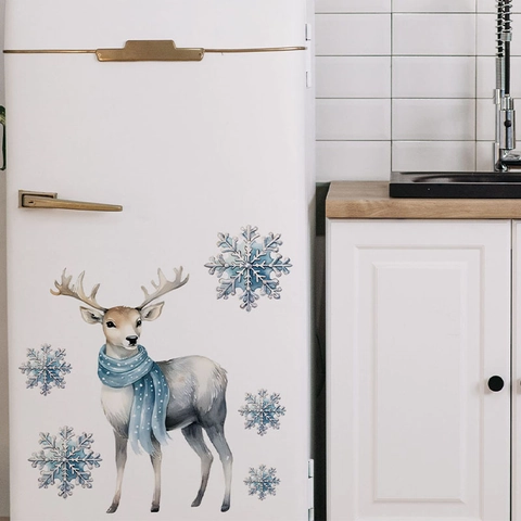 Aquarel Kerst Rendier Muursticker Blauwe Sneeuwvlok PVC Verwijderbare Sticker Voor Woonkamer Slaapkamer Keuken Huis Decoratie