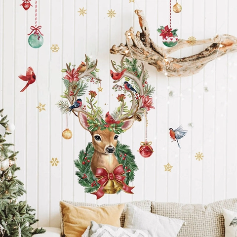 Pegatina de Pared de Reno de Navidad PVC Removible Cabeza de Alce Floral Para Sala de Estar Dormitorio Decoración