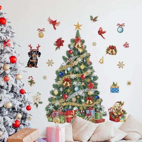 Adesivo Murale Albero di Natale PVC Decalcomania Rimovibile Con Cani Fiocco di Neve Scatola Regalo per Cameretta Bambini Casa