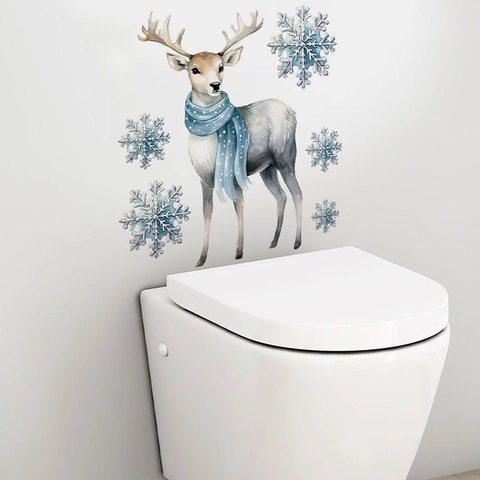 Aquarel Kerst Rendier Muursticker Blauwe Sneeuwvlok PVC Verwijderbare Sticker Voor Woonkamer Slaapkamer Keuken Huis Decoratie