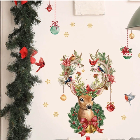 Pegatina de Pared de Reno de Navidad PVC Removible Cabeza de Alce Floral Para Sala de Estar Dormitorio Decoración