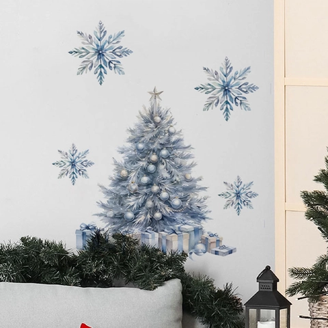 Watercolor Blue Christmas Tree Wall Stickers Snowflake PVC Decals For Bedroom Living Room Holiday Home Wall Decoration