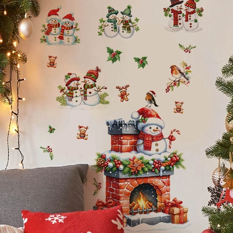 Weihnachten Schneemann Kamin Wandtattoo Abnehmbare PVC Aufkleber Festliche Feiertag Home Decor Für Wohnzimmer Schlafzimmer Wandbild