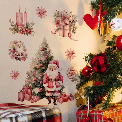Watercolor Christmas Santa Claus Wall Stickers Removable PVC Decals For Living Room Bedroom Holiday Home Decoration