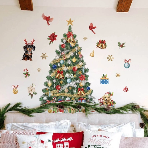 Adesivo Murale Albero di Natale PVC Decalcomania Rimovibile Con Cani Fiocco di Neve Scatola Regalo per Cameretta Bambini Casa