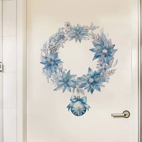 Adesivo da Parete Ghirlanda di Natale Blu Acquerello Stella di Natale Fiocco di Neve PVC Impermeabile Decorazioni Casa