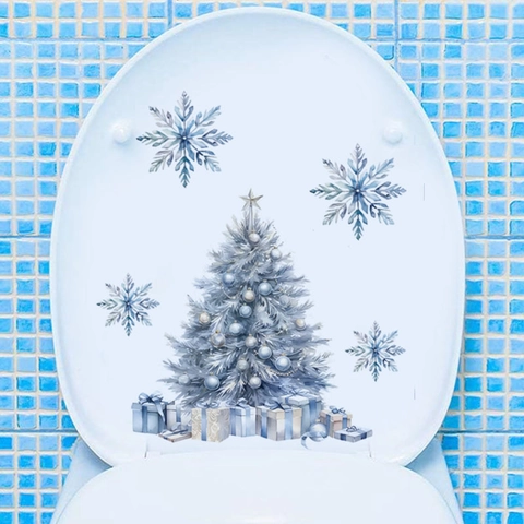 Watercolor Blue Christmas Tree Wall Stickers Snowflake PVC Decals For Bedroom Living Room Holiday Home Wall Decoration