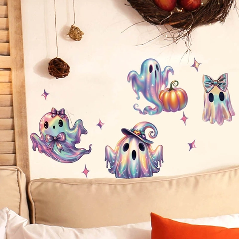 Stickers Muraux de Halloween Fantôme Holographique Mignon Iridescent Chapeau de Sorcier Citrouille Décor PVC Amovible Autocollant
