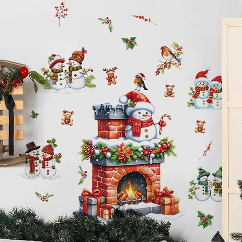 Weihnachten Schneemann Kamin Wandtattoo Abnehmbare PVC Aufkleber Festliche Feiertag Home Decor Für Wohnzimmer Schlafzimmer Wandbild