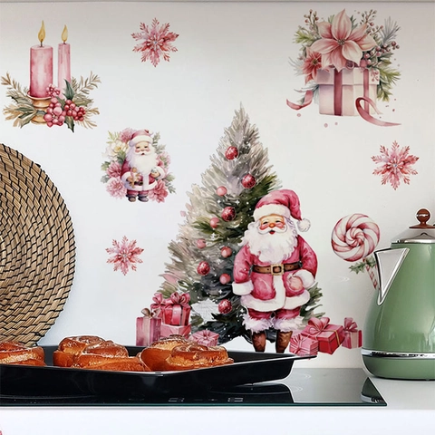 Watercolor Christmas Santa Claus Wall Stickers Removable PVC Decals For Living Room Bedroom Holiday Home Decoration