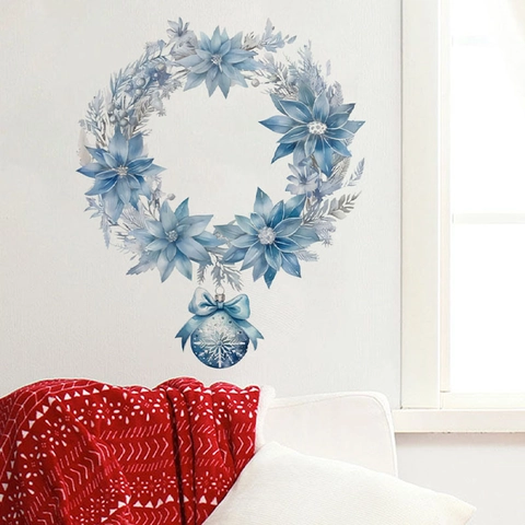 Adesivo da Parete Ghirlanda di Natale Blu Acquerello Stella di Natale Fiocco di Neve PVC Impermeabile Decorazioni Casa