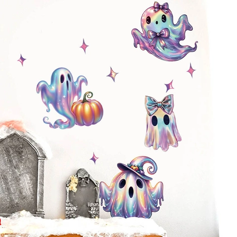 Stickers Muraux de Halloween Fantôme Holographique Mignon Iridescent Chapeau de Sorcier Citrouille Décor PVC Amovible Autocollant
