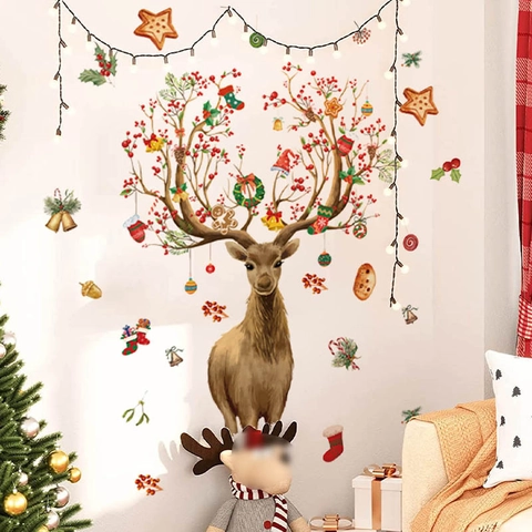 Weihnachten Elch Wandtattoo PVC Selbstklebend DIY Aufkleber Mit Dekorierten Geweihen Für Wohnzimmer Festliche Dekoration