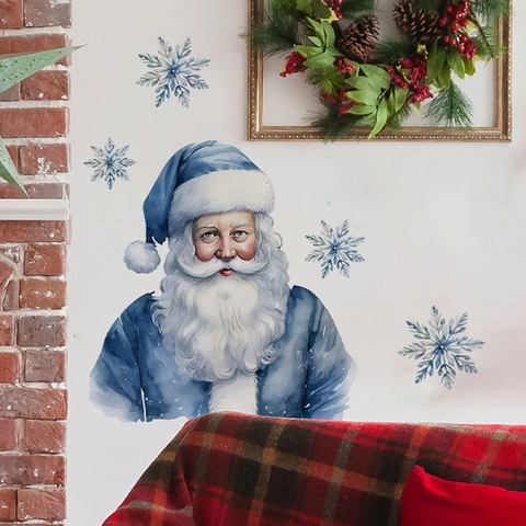 Blue Santa Claus Snowflakes Christmas Wall Sticker Watercolor PVC Self Adhesive Holiday Decor For Living Room Bedroom